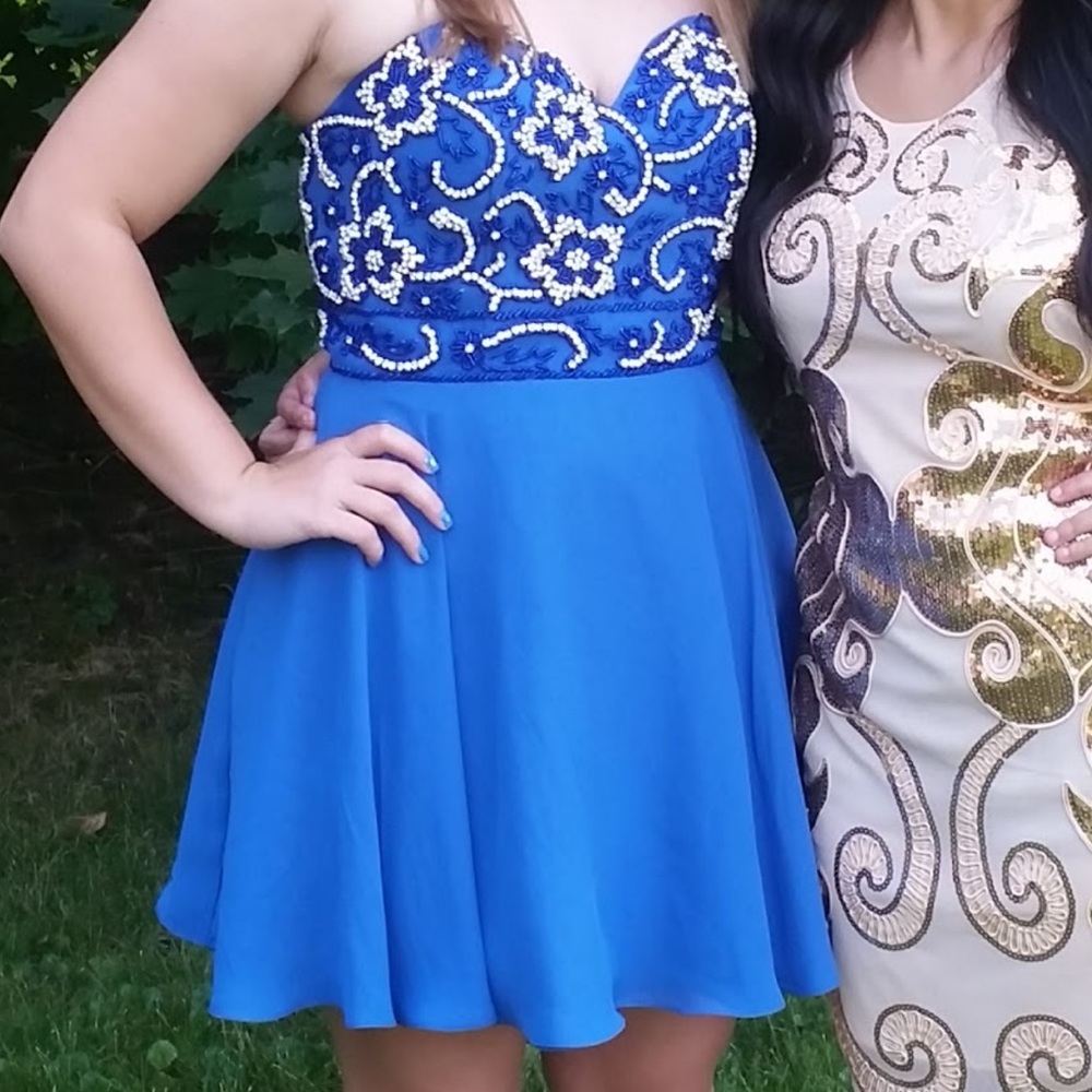 Formal blue dress with silver embellished top